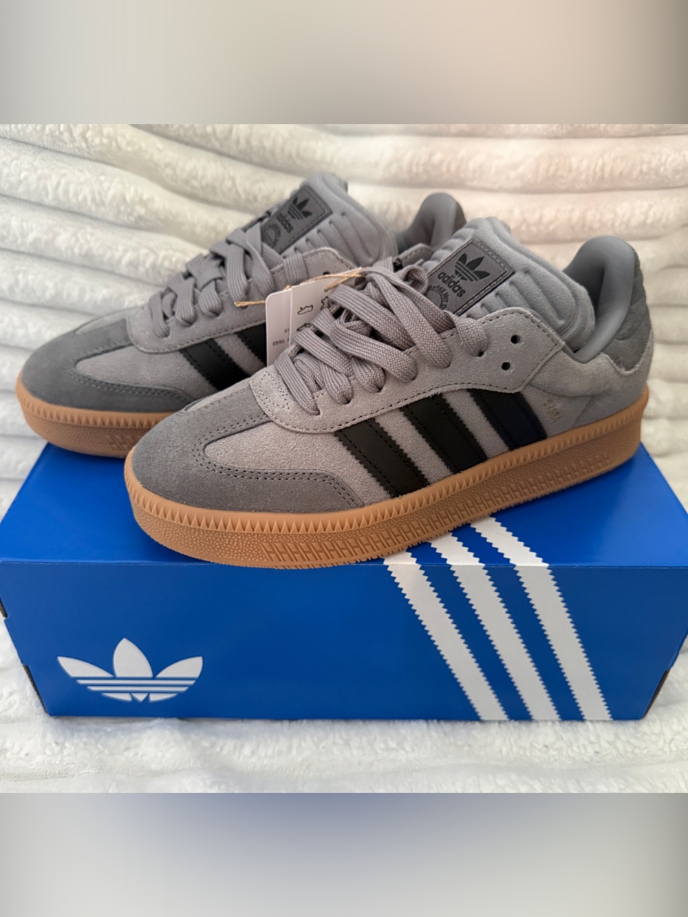 Adidas Samba XLG Gray Suede Sneakers with Black Stripes & Gum Sole Size 5.5M/7W
